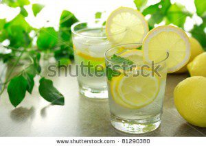 stock-photo-lemon-water-with-fresh-lemons-and-green-plants-81290380